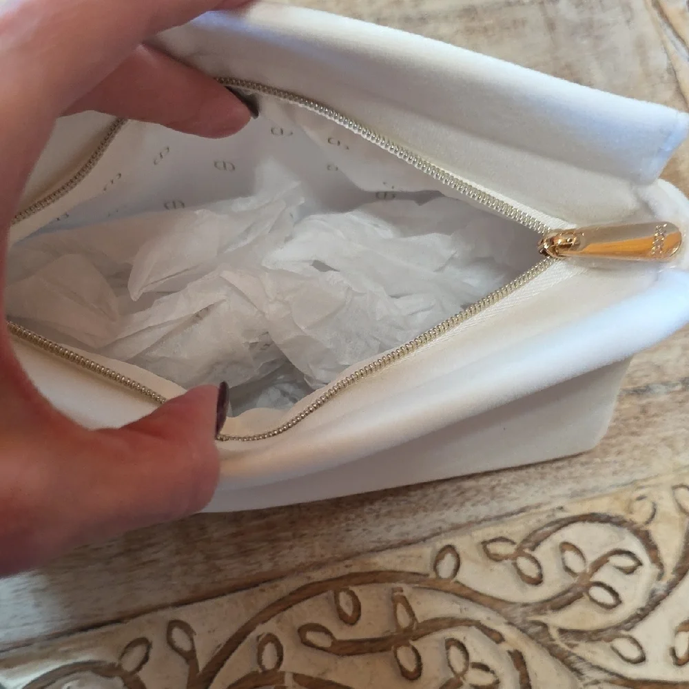 Christian Dior White Cosmetic Makeup Pouch Gold Logo + CD Lining With Box